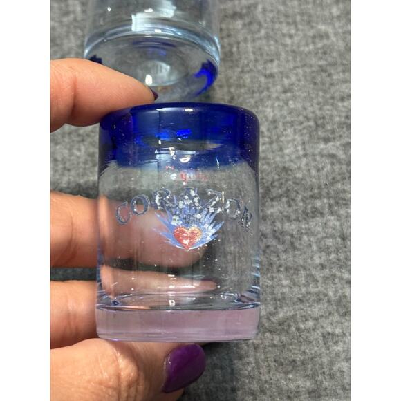 12- CORAZON TEQUILA Shot Glass Hand Blown Cobalt Blue Rim Barware-Printing Faded - Picture 3 of 3